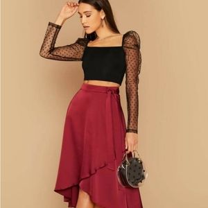 Shein black bandough poofy sleeve swish dot mesh top size large.